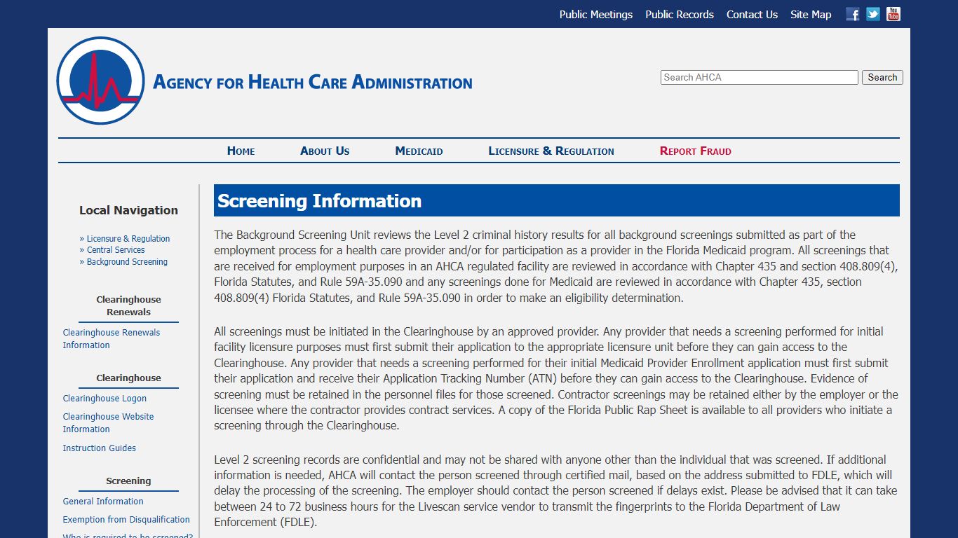 AHCA:Central Services: Background Screening - Florida